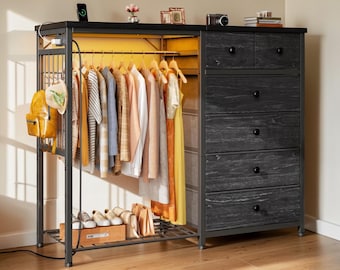 Fabric Dresser with Hanging Rack, LED Lights, Charging Station, Wooden Top