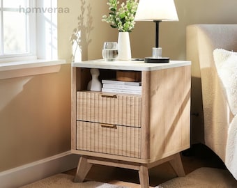 Fluted Nightstand Set of 2, Modern Curved End Table with Charging Station