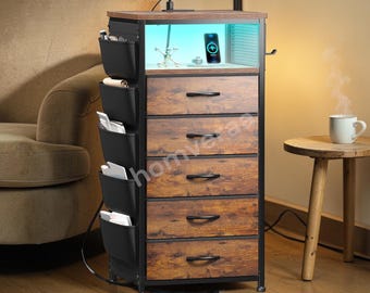 Tall Black Nightstand, 5 Drawers, Charging Station, LED Light Storage Table