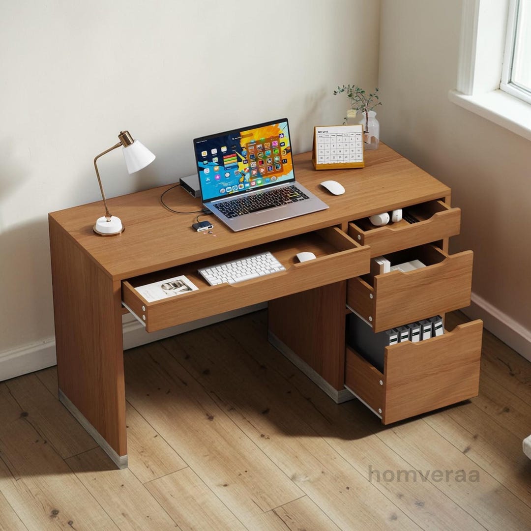 48-inch Modern Computer Desk With Four Drawers, Walnut Home Office ...