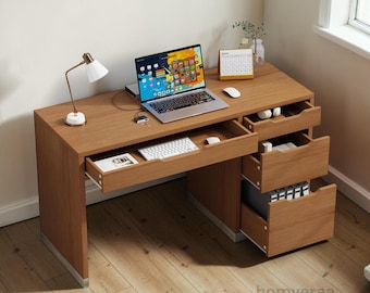 48-Inch Modern Computer Desk with Four Drawers, Walnut Home Office Writing Table