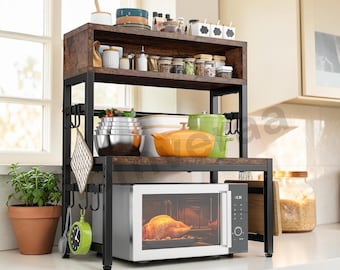 4-Tier Microwave Stand with Storage, Metal Kitchen Shelf Organizer, Hooks