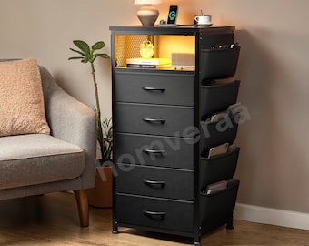 Tall Black Nightstand, 5 Drawers, Charging Station, LED Light Storage Table