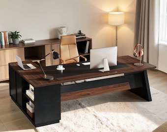 78" L-Shaped Executive Desk, Modern Walnut and Black Corner Office Workstation