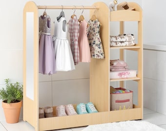 Kids Dress Up Storage Organizer with Mirror, Pretend Play Costume Rack, Wooden Wardrobe Closet