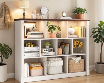 White Wood Cube Storage Organizer with LED Lights, Modern Display Cabinet