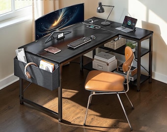 L-Shaped Computer Desk with Power Outlets, Reversible Shelves, Side Bag