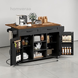 May include: A black and brown kitchen island with a wooden countertop, drawers, and open shelving. It features a coffee maker, jars of spices, and a toaster. The island has a towel rack and is on wheels. The text "homveraa" is visible.