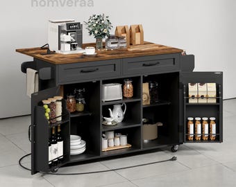 Rolling Kitchen Island with Power Outlet, Drop Leaf Storage Cart