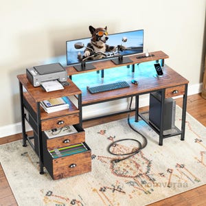 LED Computer Desk with Drawers, Reversible Gaming Workstation, Home Office Furniture