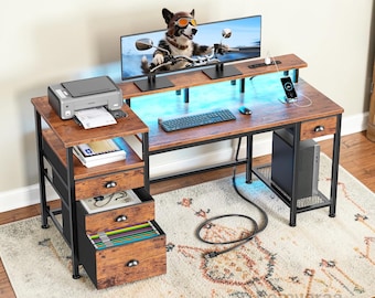 LED Computer Desk with Drawers, Reversible Gaming Workstation, Home Office Furniture