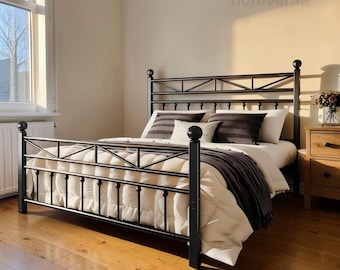 Queen Metal Bed Frame, 54" Victorian Headboard, RGB LED Lights, Under-Bed Storage