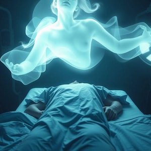 以下が含まれることがあります： デジタルイラストは、ベッドに横たわる人物と、その上に浮かぶ光り輝く、霊的な姿を描いています。その姿は半透明の青色で、精神的または異世界のテーマを示唆しています。シーンは薄暗い環境、おそらく医療現場に設定されています。