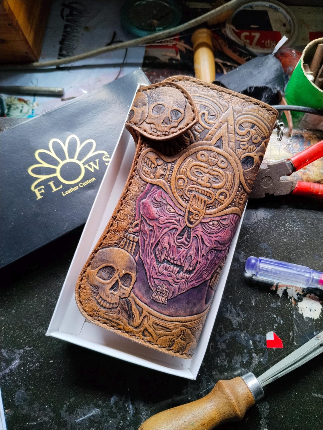 Hand-carved Aztec Warrior Priest Leather Long Wallet, Biker Skull ...