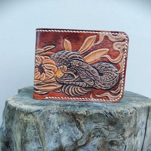 Leather wallet bifold, Hand-carved snake floral, standart wallet size