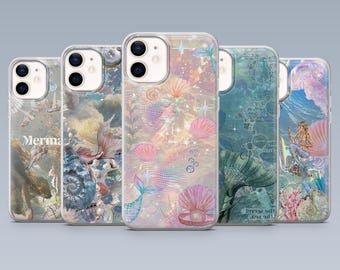 Capa de celular Sereia com Conchas e Pérolas para iPhone 17 Pro, 16, 15, 14, 13, 12, Samsung S25, S24, S23Fe, S22, A16, A26, A56, Pixel 10, 9 Pro