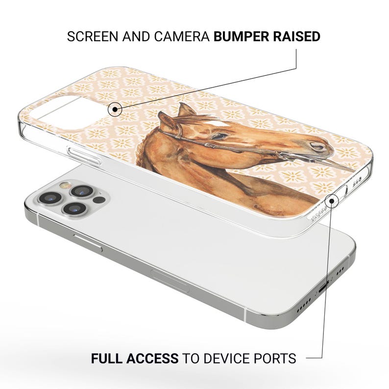 Pode incluir: Capa de telefone transparente com uma pintura em aquarela da cabe&ccedil;a de um cavalo. A capa tem um fundo floral bege. O texto "SCREEN AND CAMERA BUMPER RAISED" e "FULL ACCESS TO DEVICE PORTS" s&atilde;o vis&iacute;veis.