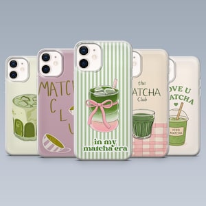 May include: Five phone cases with matcha-themed designs. The cases feature illustrations of matcha drinks, text like "Matcha Club" and "in my matcha era," and a pink and green color scheme. The cases are clear with various graphic designs.