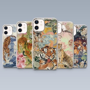May include: A collection of five phone cases with unique tiger-themed designs. Each case features a different artistic illustration of tigers, with floral and nature-inspired backgrounds in various colors, including blue, pink, and green.
