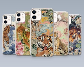Capa para celular com estampa de tigre, arte japonesa e safari, compatível com iPhone 17 Pro, 16, 15, 14, 13, 12, Samsung S25, S24, S23Fe, S22, A16, A26, A56, Pixel 10 e 9 Pro.
