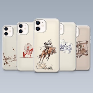 Könnte beinhalten: Eine Sammlung von fünf Handyhüllen mit Western-Motiven. Die Designs umfassen einen Cowboy auf einem wilden Pferd, Wüstenlandschaften und Spielkarten. Die Hüllen sind cremefarben mit schwarzen und roten Grafiken.