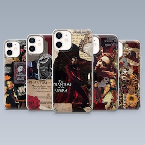 May include: A collection of phone cases featuring designs inspired by "The Phantom of the Opera." The cases display images of the Phantom, musical notes, roses, and movie stills. The cases are in various colors, including red, black, and white.
