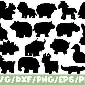 May include: A collection of black animal silhouettes arranged in four rows, featuring a squirrel, lion, sheep, zebra, penguin, giraffe, bear, cow, hippo, rabbit, dinosaur, bull, pig, duck, goat, elephant, deer, and crocodile with file formats listed below.