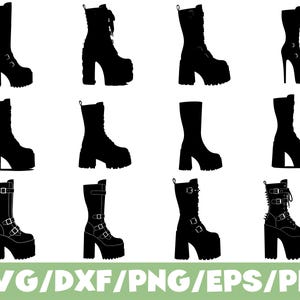 May include: A collection of black silhouette images of platform boots. The boots vary in style, including lace-up, buckle, and heeled designs. The image includes the text "SVG/DXF/PNG/EPS/PDF" at the bottom.