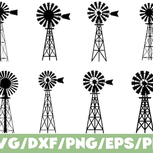 Puede incluir: Una colección de ocho ilustraciones en silueta negra de molinos de viento agrícolas, cada uno con una rueda de turbina de múltiples palas montada sobre una torre de celosía metálica alta y cónica con una veleta direccional, en formato de cuadrícula.