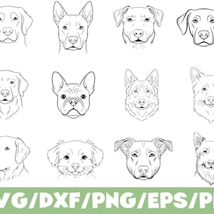 May include: A selection of black and white line drawings depicting different dog breeds. The image features detailed portraits of dogs, including a Labrador, a French Bulldog, and a German Shepherd. The bottom of the image displays the text "SVG/DXF/PNG/EPS/PDF".