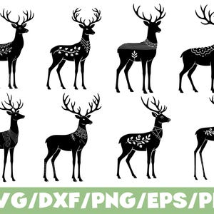 May include: Eight black deer silhouettes with decorative patterns on their bodies and antlers. The deer are in different poses, each with unique floral or geometric designs. The bottom of the image displays the text "SVG/DXF/PNG/EPS/PDF".