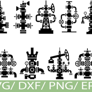 Puede incluir: Ilustraciones vectoriales en blanco y negro de equipos de pozos petroleros. La imagen presenta varios diseños de cabezales de pozo, bombas y maquinaria relacionada, adecuados para proyectos industriales o de ingeniería. El texto en la parte inferior dice "SVG/DXF/PNG/EPS".