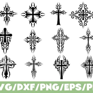May include: A collection of twelve black cross designs with tribal-inspired patterns. The crosses vary in shape and detail, featuring flame-like and swirling elements. The image includes the text "SVG/DXF/PNG/EPS/PDF" in green.