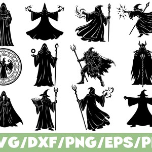 Peut inclure: Illustrations numériques en noir et blanc de sorciers et de sorcières dans diverses poses. Certaines figures tiennent des bâtons, lancent des sorts ou portent des capes à capuche. Le texte "SVG/DXF/PNG/EPS/PDF" est en bas.