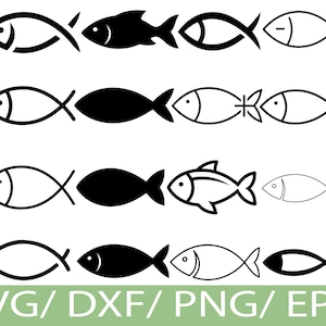 Könnte beinhalten: Eine Sammlung von Fischillustrationen in Schwarz und Weiß. Die Designs umfassen sowohl vollflächige als auch umrissene Fische mit unterschiedlichen Flossen- und Schwanzstilen. Der Text "SVG / DXF / PNG / EPS" ist ebenfalls enthalten.
