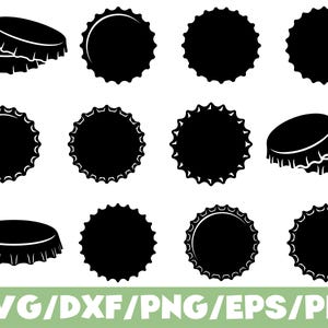 May include: A collection of black bottle cap silhouettes in various orientations, including top-down views and angled perspectives. The graphic set includes twelve individual icons featuring the serrated edges characteristic of metal bottle caps.