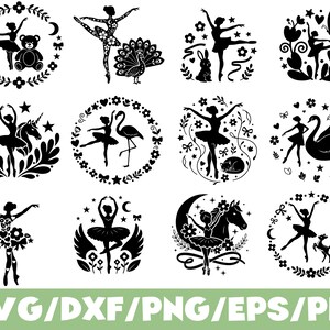 Puede incluir: Una colección de doce diseños de siluetas negras que muestran bailarinas junto a varios elementos como un oso de peluche, pavo real, conejo, mariposa, unicornio, flamenco, gato, cisne, pájaro, alas, caballo y ciervo, con el texto SVG/DXF/PNG/EPS/PDF.