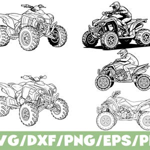 May include: Black and white line art illustrations of all-terrain vehicles (ATVs). Some images show ATVs with riders wearing helmets. The text "SVG/DXF/PNG/EPS/PDF" is displayed in green at the bottom of the image.