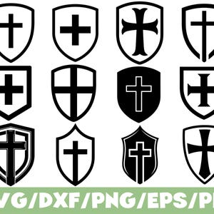 May include: A collection of twelve black and white shield designs, each featuring a cross. The shields vary in shape and cross design. The bottom of the image displays the text "SVG/DXF/PNG/EPS/PDF" in green and white.