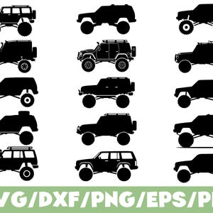 Op de afbeelding: Een verzameling van vijftien zwarte silhouetten van terreinwagens met grote banden, gerangschikt in vijf rijen en drie kolommen. De tekst SVG/DXF/PNG/EPS/PDF wordt onderaan de afbeelding in het wit weergegeven tegen een lichtgroene achtergrond.
