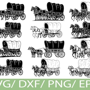 Op de afbeelding: Een verzameling zwart-wit illustraties van huifkarren getrokken door paarden. De wagens hebben gewelfde canvas daken en grote spaakwielen. De afbeelding bevat de tekst "SVG/DXF/PNG/EPS" onderaan.