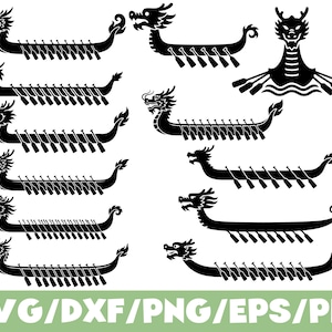 May include: A collection of ten black silhouette illustrations featuring dragon boats with various rowing configurations and a front-facing dragon head design. The text SVG/DXF/PNG/EPS/PDF is displayed in white at the bottom of the image.