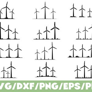 Puede incluir: Una colección de siluetas negras de aerogeneradores en varias disposiciones. Los diseños incluyen grupos de dos, tres y cuatro turbinas, algunas con aspas. El texto "SVG/DXF/PNG/EPS/PDF" está en la parte inferior.