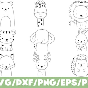 May include: A collection of nine black and white line art illustrations featuring a bear, giraffe, lion, tiger, elephant, rabbit, fox, deer, and hedgehog. The text SVG/DXF/PNG/EPS/PDF is displayed in white at the bottom of the image.