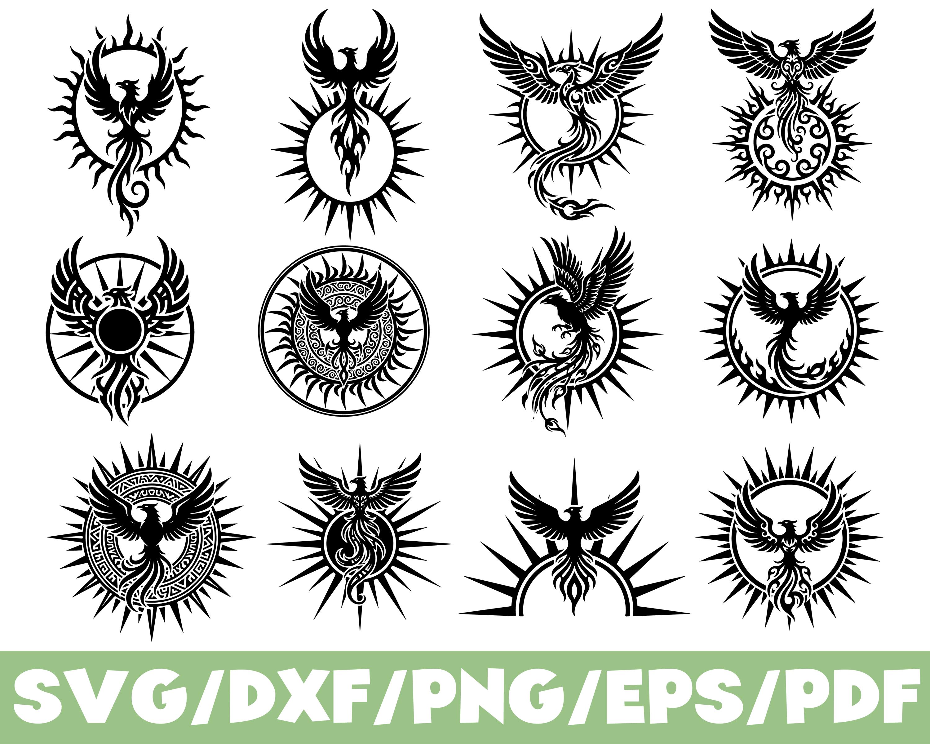 Phoenix Sun SVG Silhouette Bundle Tribal Fire Bird Emblem Set - Etsy