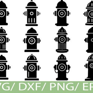 Puede incluir: Una colección de doce ilustraciones negras de bocas de incendio en varios diseños. Las bocas de incendio se representan en un estilo gráfico simple, adecuado para proyectos de diseño digital. La parte inferior de la imagen presenta el texto "SVG / DXF / PNG / EPS" en verde.