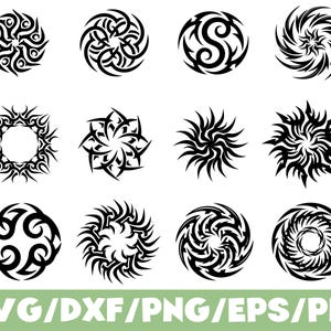 May include: A collection of twelve black circular tribal designs. Each design features intricate patterns and shapes, with a variety of spiral and radial arrangements. The bottom of the image displays the text "SVG/DXF/PNG/EPS/PDF" in green.