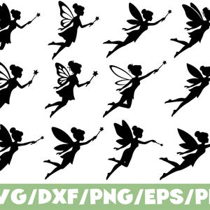 May include: A collection of twelve black silhouettes of flying fairies, each depicted with wings and a star-tipped wand. The figures are arranged in three rows of four, showcasing various poses in flight. The text SVG/DXF/PNG/EPS/PDF is at the bottom.