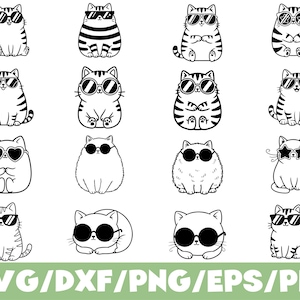 Pode incluir: Ilustrações em preto e branco de gatos usando óculos de sol. Os gatos estão em várias poses. A imagem inclui o texto "SVG/DXF/PNG/EPS/PDF" em verde.