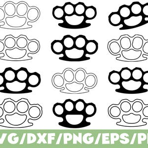 May include: A digital collection of twelve knuckle duster icons arranged in a grid, featuring alternating solid black silhouettes and white outlines with black borders. The text SVG/DXF/PNG/EPS/PDF is displayed in white at the bottom.